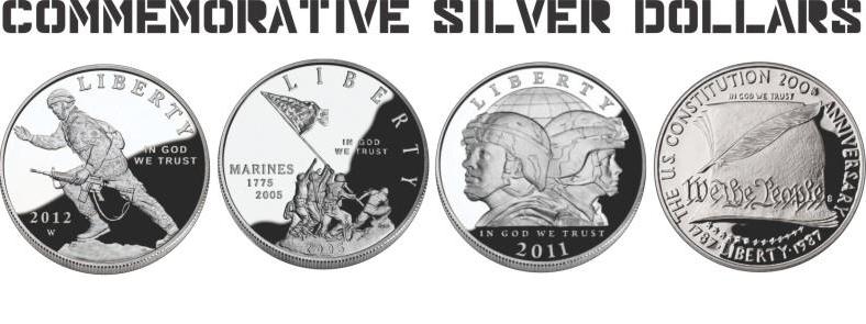 Banner displaying commemorative silver dollars. Infantry Silver Dollar, Marine Corps Silver Dollar, Army Silver Dollar, Constitution Silver Dollar.